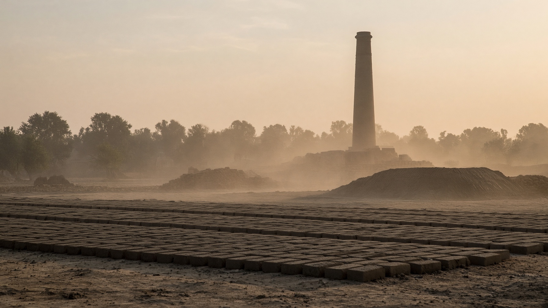 A brick kiln and rows of drying clay bricks in early light